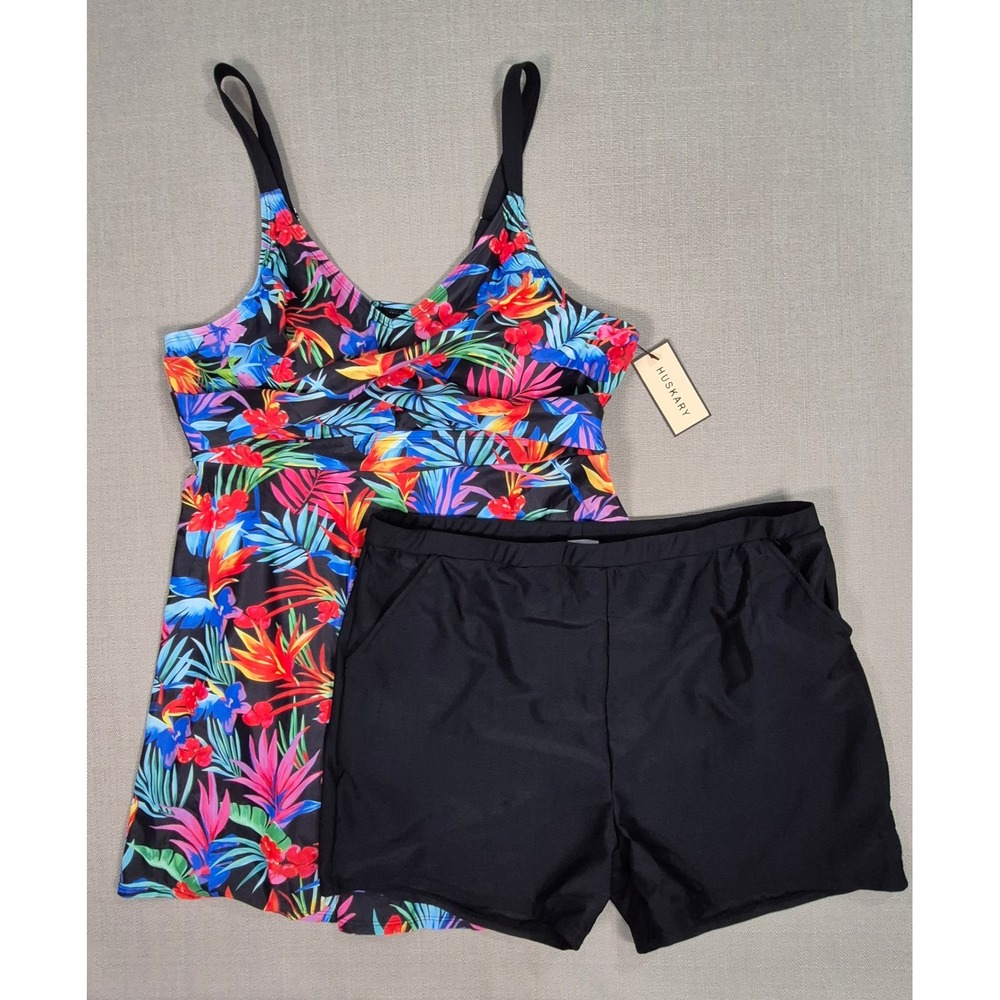 Huskary Women Floral Tummy Control V Neck Tankini Swimsuit Set Size Plus 22W NWT